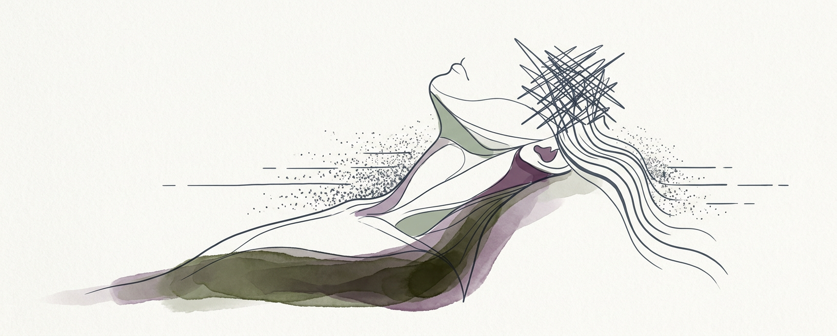 Abstract cream-and-slate line illustration on Kokorology paper, drawn for Settle Pre-Event Static and Optimize Rest