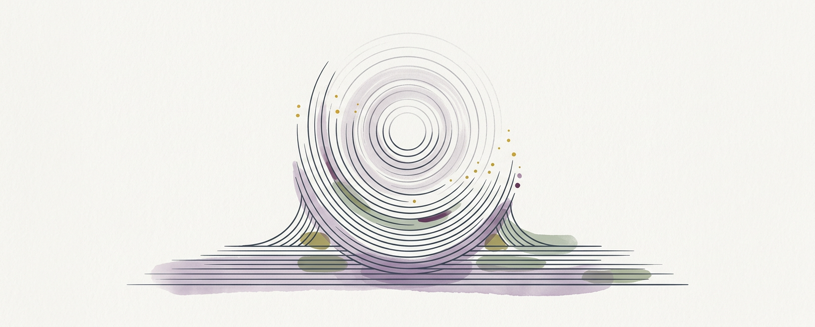 Abstract cream-and-slate line illustration on Kokorology paper, drawn for Static Release for Presentation Readiness