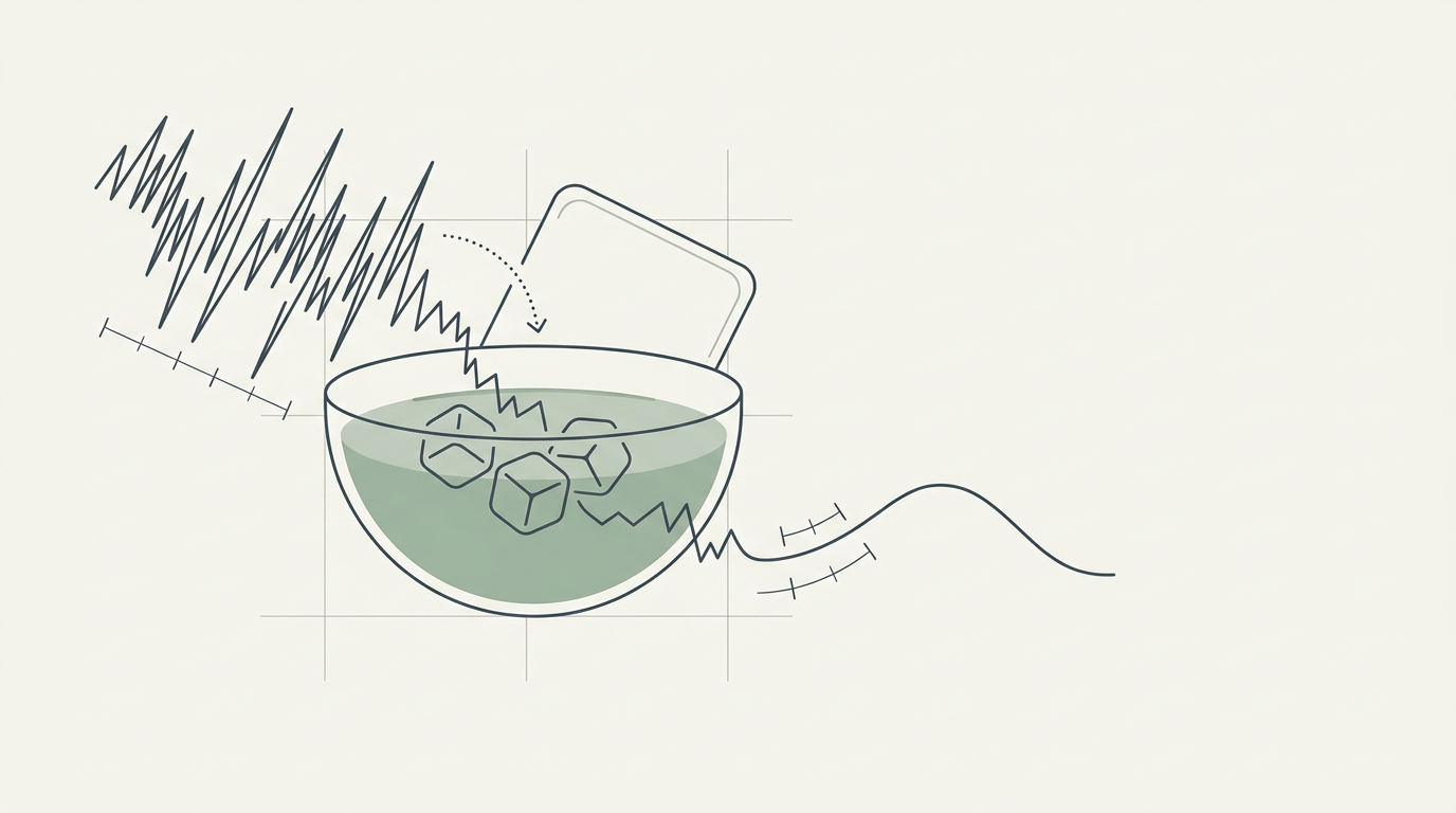 Abstract cream-and-slate line illustration on Kokorology paper, drawn for A bowl of cold water is a cheap vagal nerve stimulator