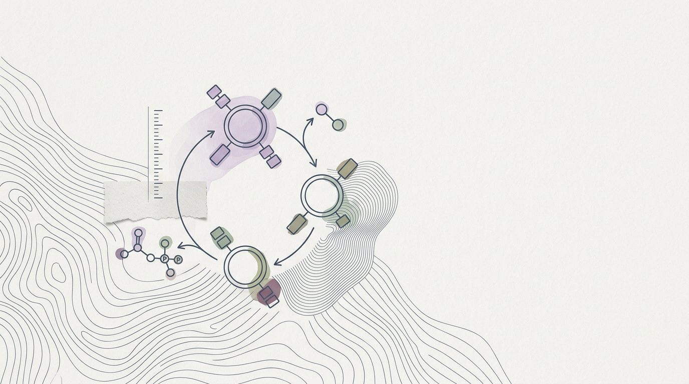 Abstract cream-and-slate line illustration on Kokorology paper, drawn for Creatine is less about muscle mass, more about ATP recycling
