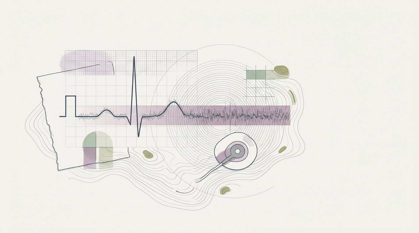 Abstract cream-and-slate line illustration on Kokorology paper, drawn for AI can now read the quiet part of your EKG