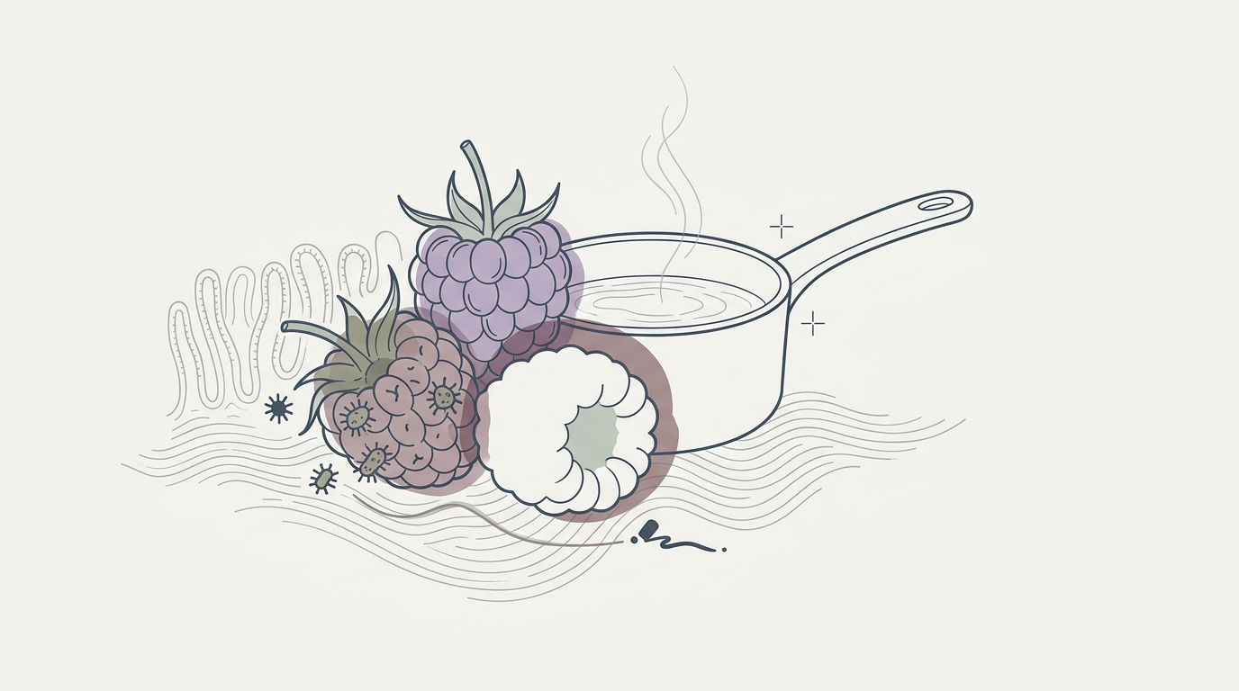 Abstract cream-and-slate line illustration on Kokorology paper, drawn for Boiling your berries is an immune protocol, not a food rule