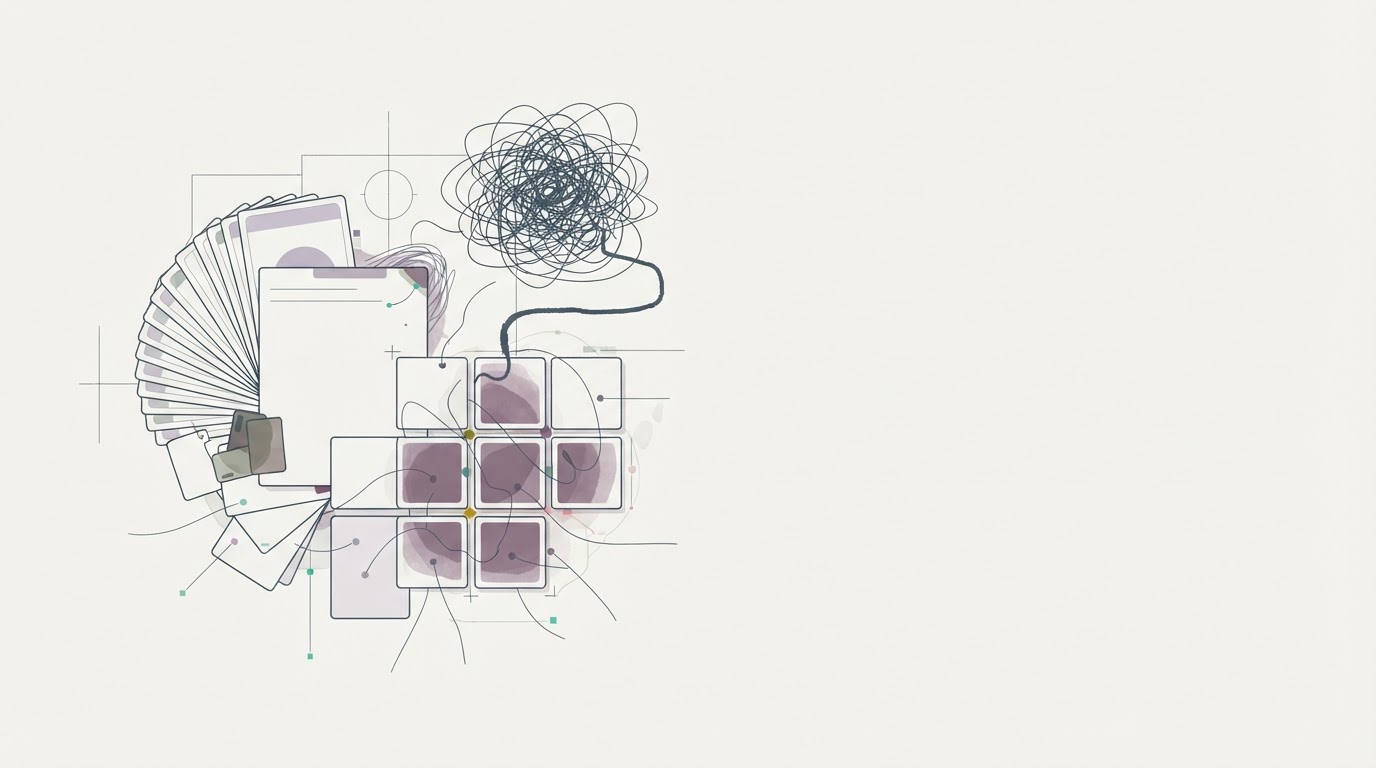 Abstract cream-and-slate line illustration on Kokorology paper, drawn for Why your anxiety journal is just recording an interoceptive mismatch
