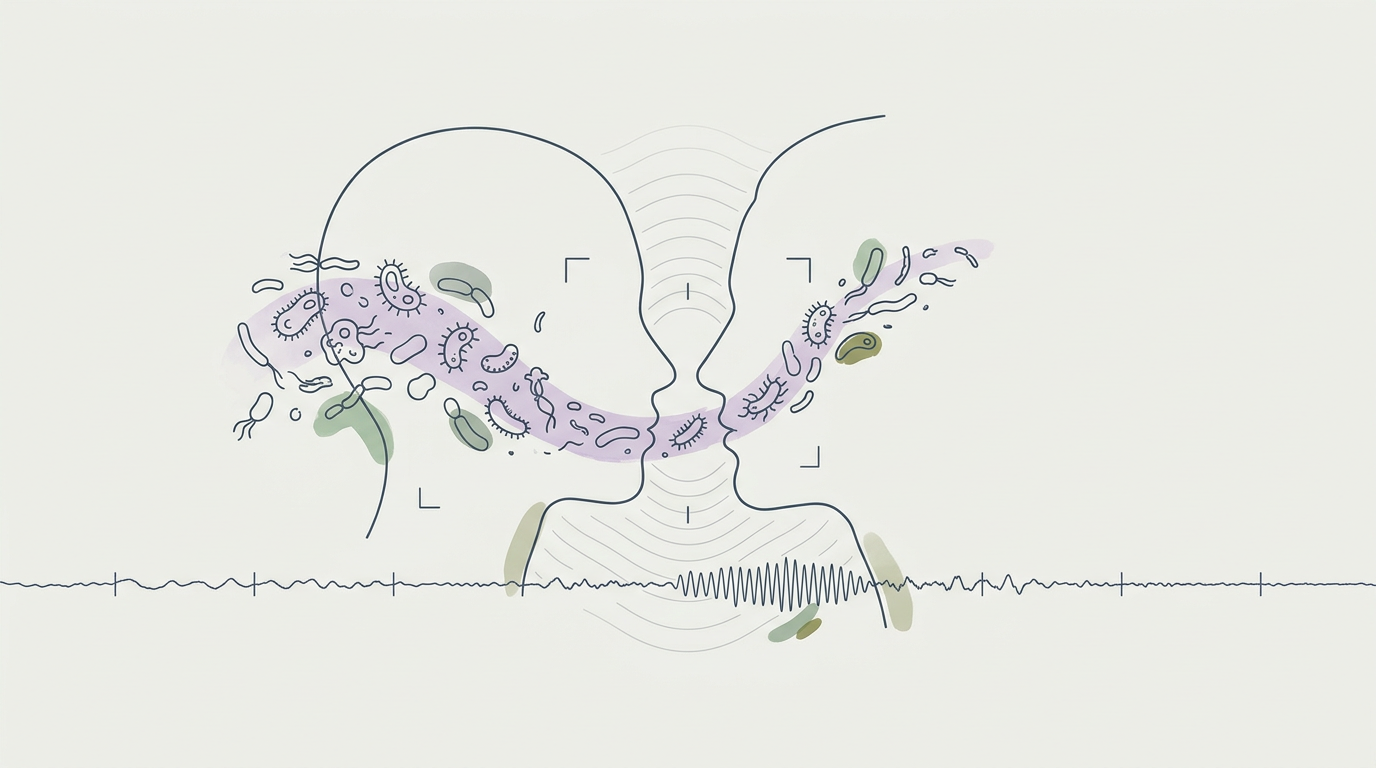 Abstract cream-and-slate line illustration on Kokorology paper, drawn for That kiss was an 80 million bacteria data transfer