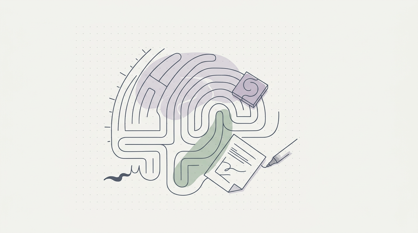 Abstract cream-and-slate line illustration on Kokorology paper, drawn for How a labyrinth turns off your brain's GPS