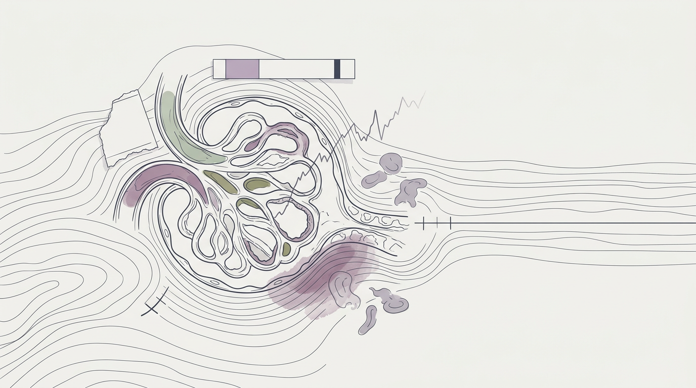 Abstract cream-and-slate line illustration on Kokorology paper, drawn for The renal cost of surviving childhood malaria