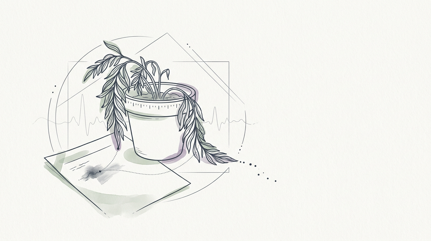 Abstract cream-and-slate line illustration on Kokorology paper, drawn for What your wilting desk plant is trying to tell your HPA axis