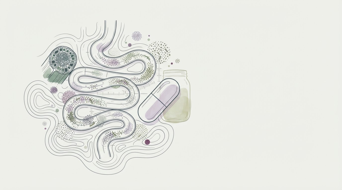 Abstract cream-and-slate line illustration on Kokorology paper, drawn for Why the gut microbiome became a nervous system metric