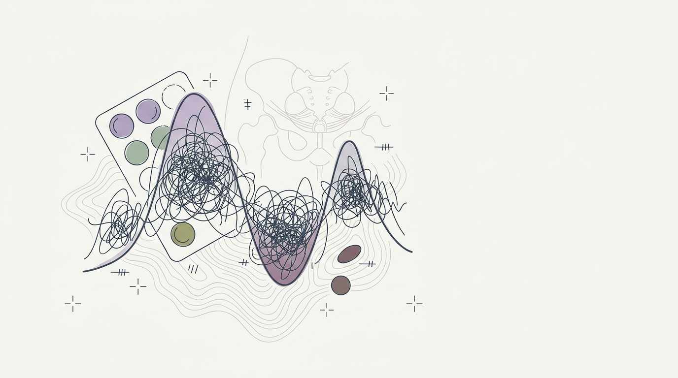 Abstract cream-and-slate line illustration on Kokorology paper, drawn for Perimenopause Targeted Supplements
