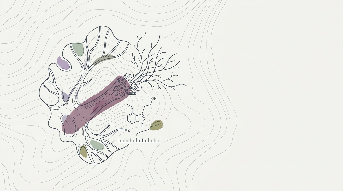 Abstract cream-and-slate line illustration on Kokorology paper, drawn for Psilocybin's least psychedelic job may be its most important