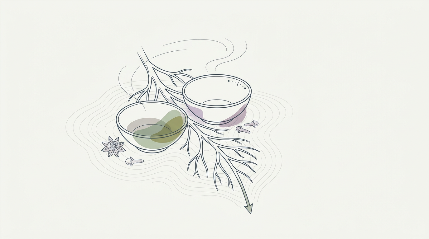 Abstract cream-and-slate line illustration on Kokorology paper, drawn for The vagal brake and the 26-dish meal