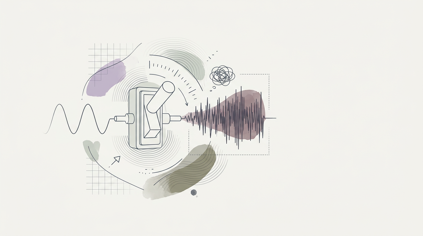 Abstract cream-and-slate line illustration on Kokorology paper, drawn for Self-assessment is mostly about background noise