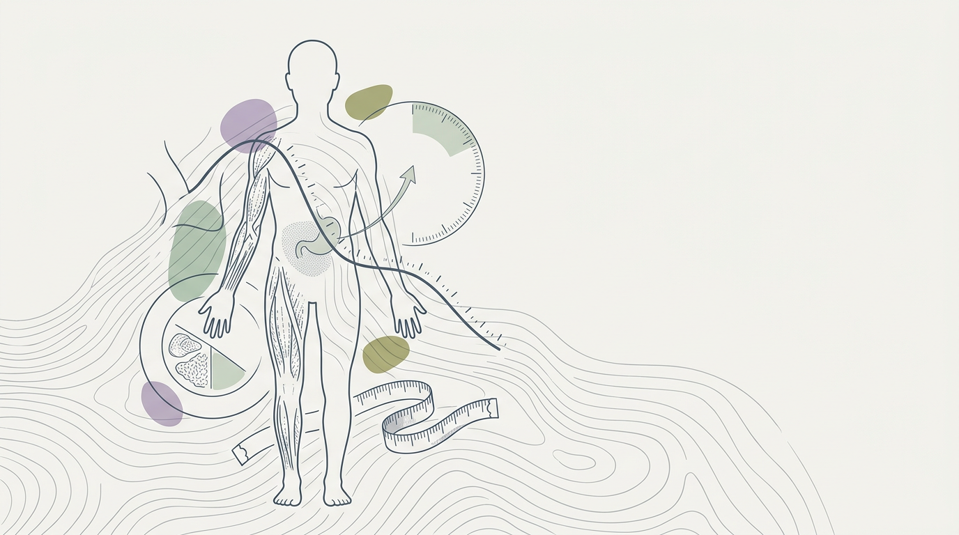 Abstract cream-and-slate line illustration on Kokorology paper, drawn for A weight loss drug's weird effect on cellular aging