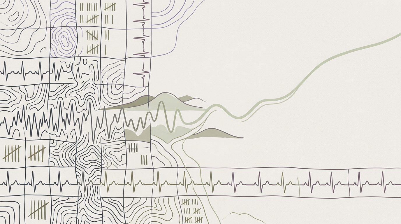 Abstract cream-and-slate line illustration on Kokorology paper, drawn for A 35% jump in marathon recovery (RMSSD) without more training