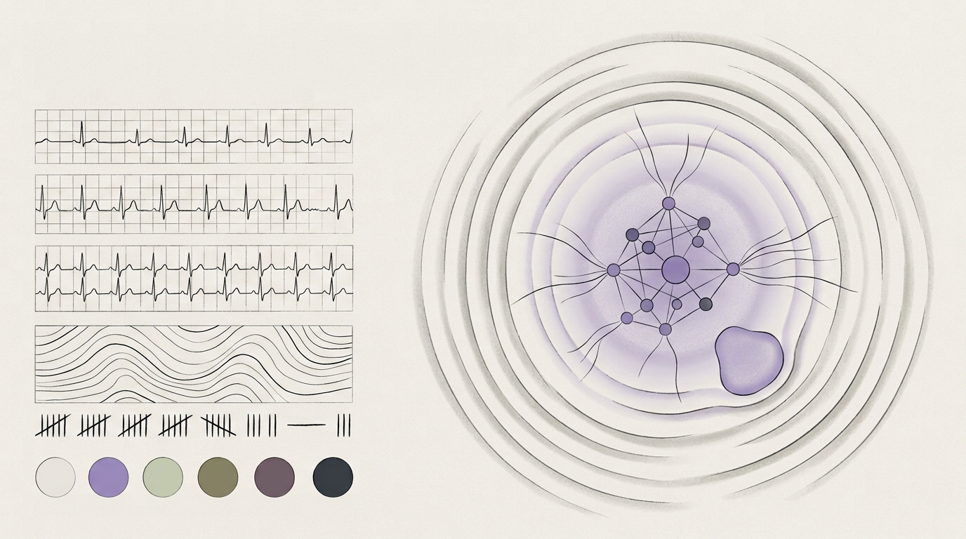 Abstract cream-and-slate line illustration on Kokorology paper, drawn for Beating Clinician Burnout: A 20% Faster Reaction Time