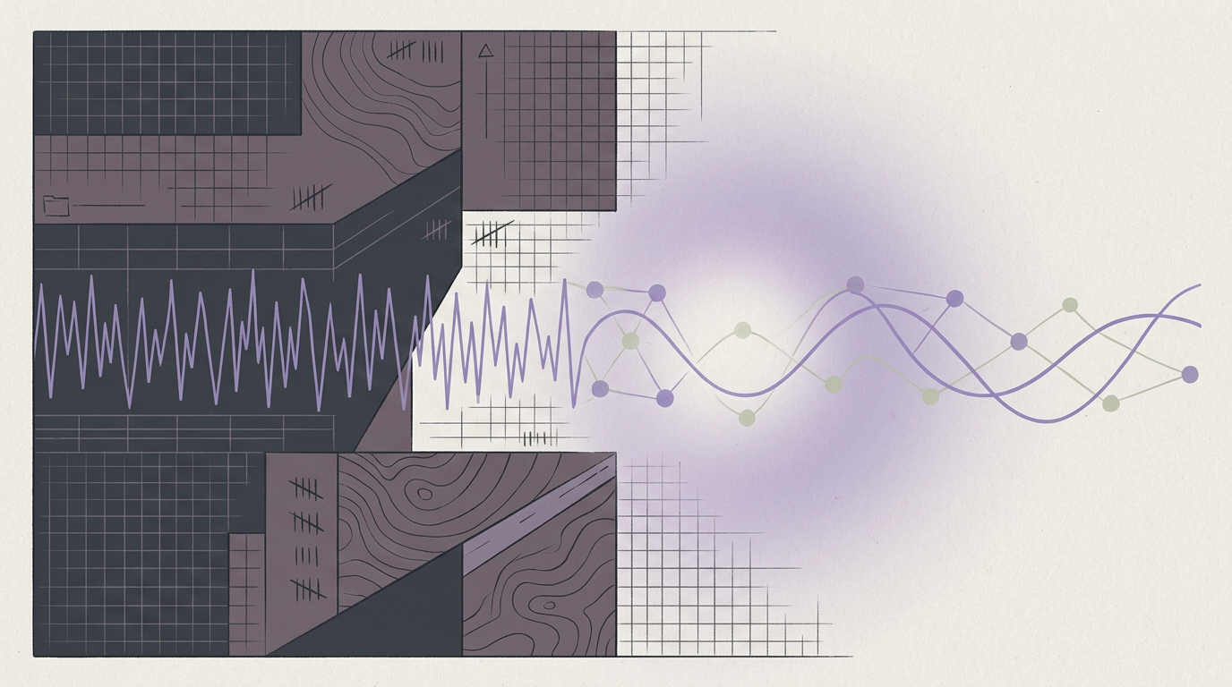Abstract cream-and-slate line illustration on Kokorology paper, drawn for Beating Clinician Fatigue: From Wired to Well-Rested
