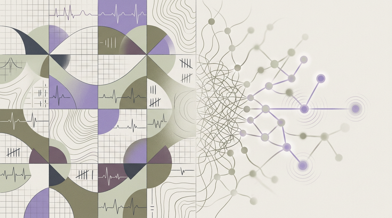 Abstract cream-and-slate line illustration on Kokorology paper, drawn for Beating On-Call Stress: From Brain Fog to Clarity