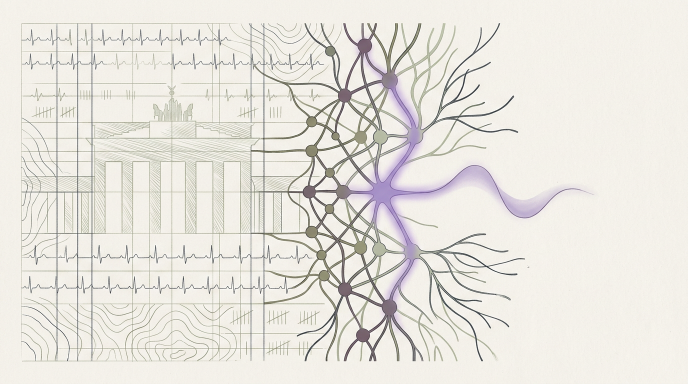 Abstract cream-and-slate line illustration on Kokorology paper, drawn for Berlin Masters Lifter Cuts Recovery Time 20%