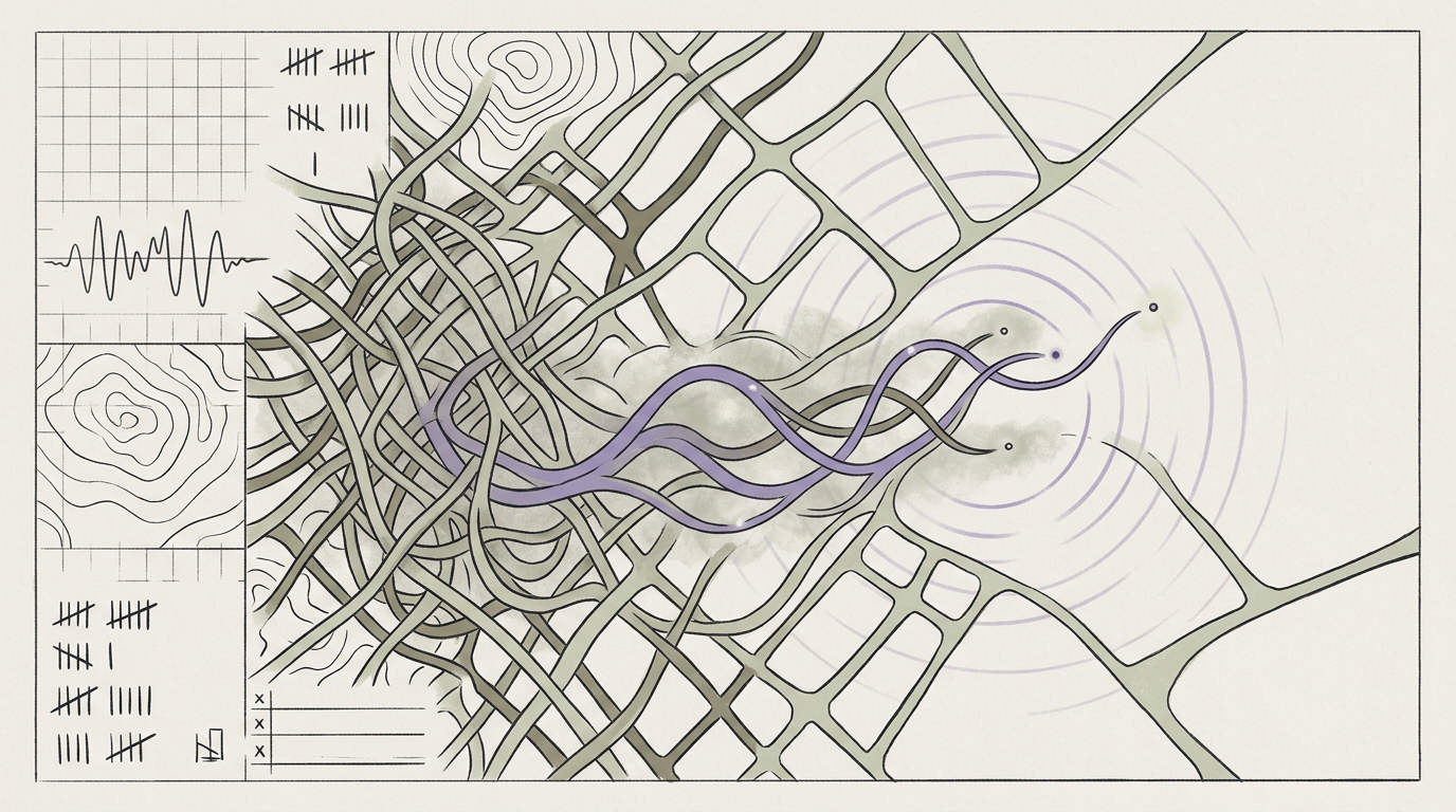 Abstract cream-and-slate line illustration on Kokorology paper, drawn for Clarity Returns: Reclaiming Executive Function from the Cognitive Fog