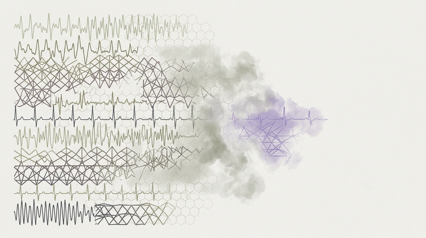 Abstract cream-and-slate line illustration on Kokorology paper, drawn for Clearing Perimenopause Brain Fog: Back to Sharp