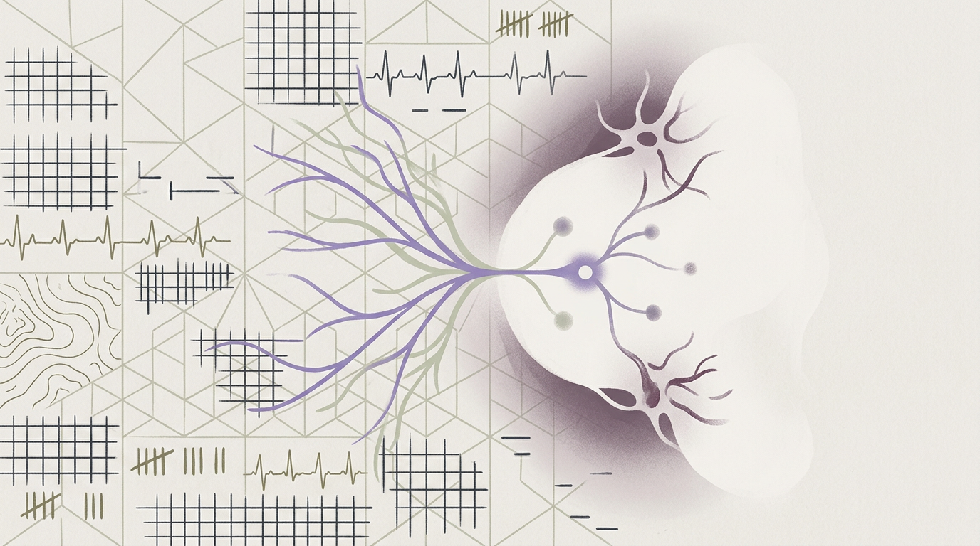 Abstract cream-and-slate line illustration on Kokorology paper, drawn for Cracking the ADHD Focus Code for a Software Engineer