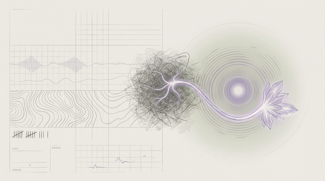 Abstract cream-and-slate line illustration on Kokorology paper, drawn for Cutting Through the Clinician Burnout Static
