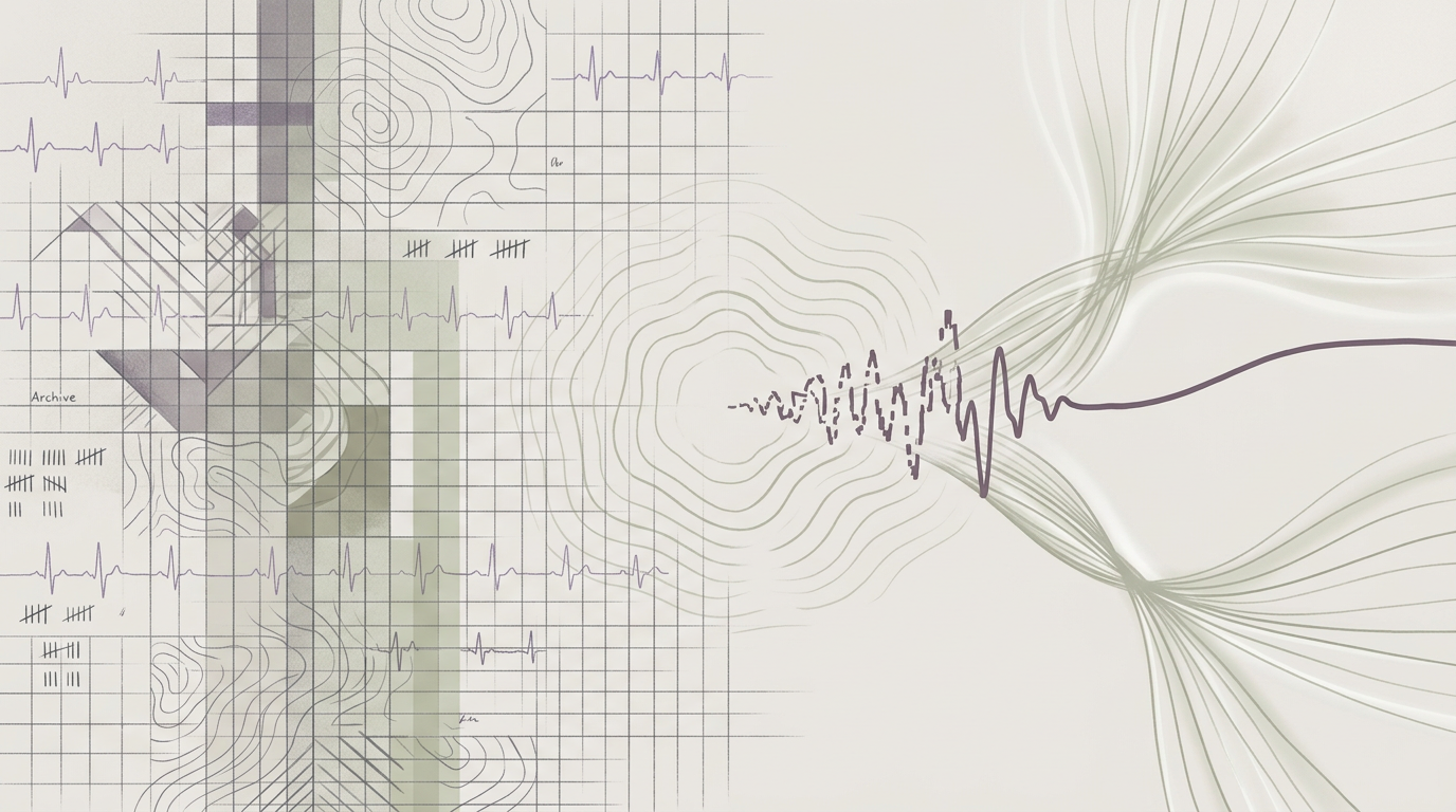 Abstract cream-and-slate line illustration on Kokorology paper, drawn for Fine Motor Control & Surgical Tremor Reduction
