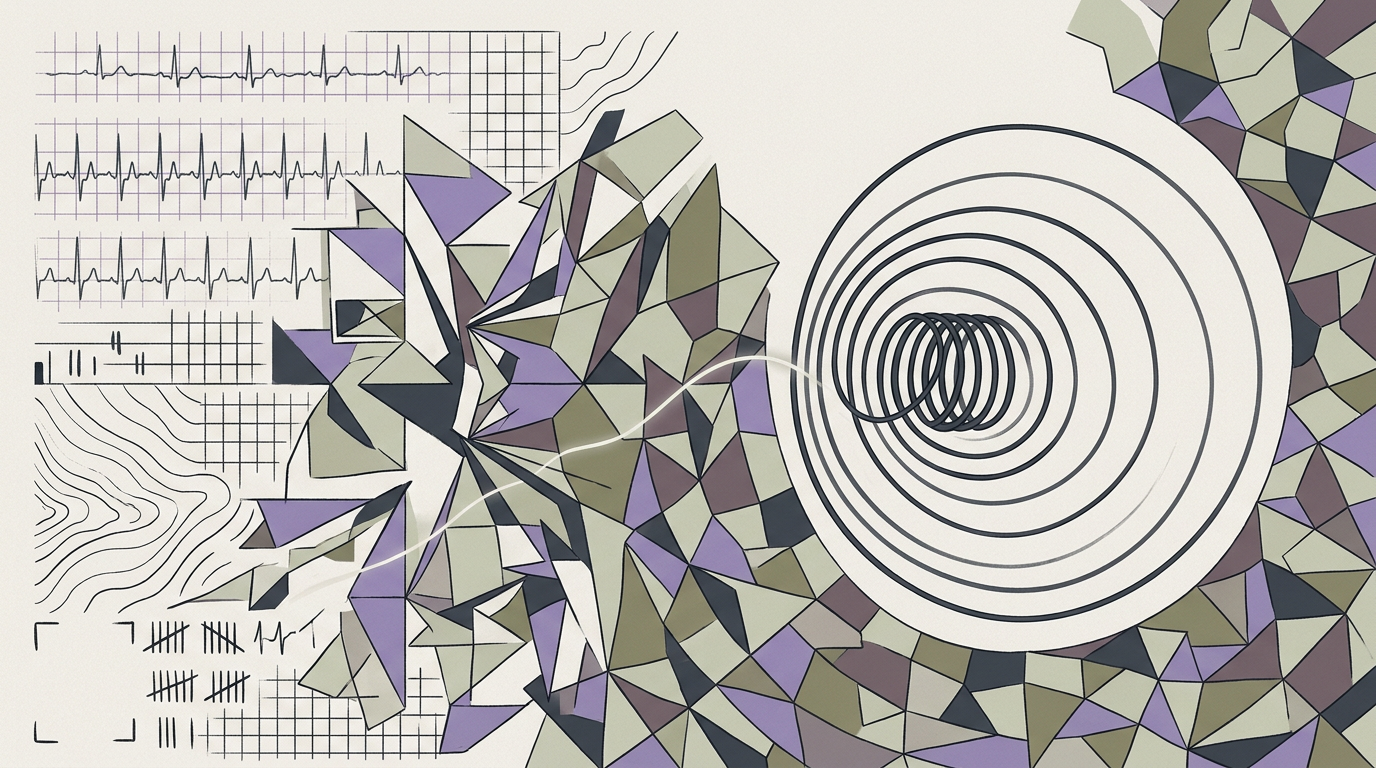 Abstract cream-and-slate line illustration on Kokorology paper, drawn for Founder Burnout: Reclaiming Focus from the Perpetual Swirl