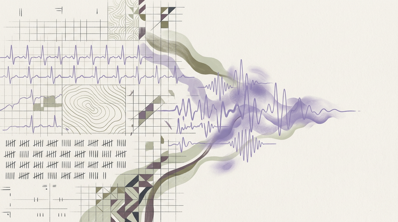 Abstract cream-and-slate line illustration on Kokorology paper, drawn for How a Capacity Manager Reclaimed Her Postpartum Recovery