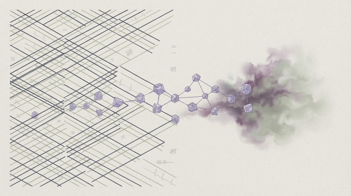 Abstract cream-and-slate line illustration on Kokorology paper, drawn for Navigating a Technical Return to Work After Burnout