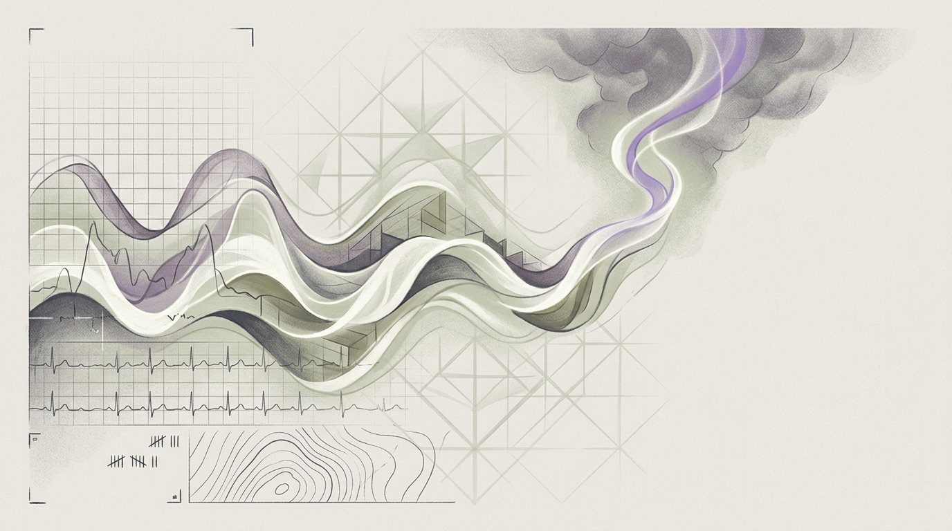 Abstract cream-and-slate line illustration on Kokorology paper, drawn for Perimenopause engineer tackles brain fog, stress, and technical leadership