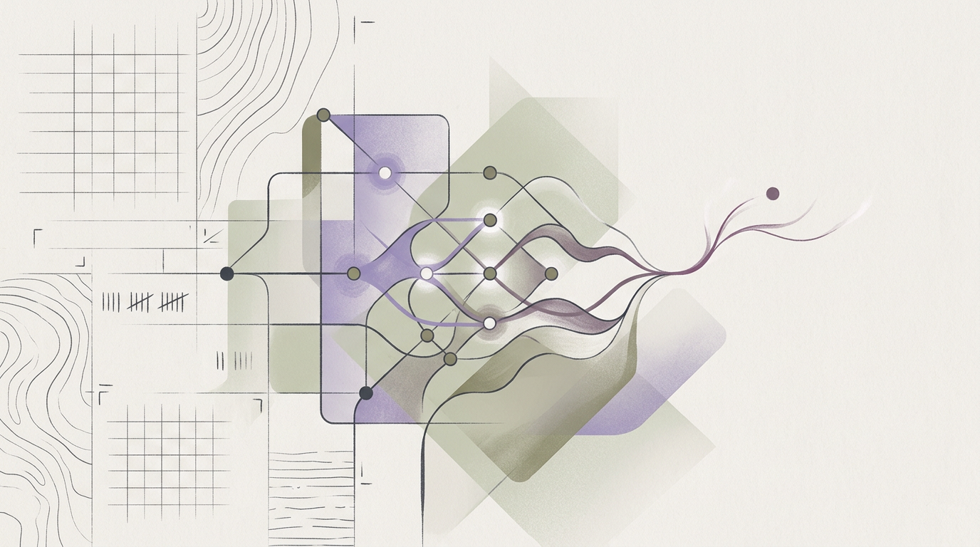Abstract cream-and-slate line illustration on Kokorology paper, drawn for Product Launch Pressure: From Blocked to Building