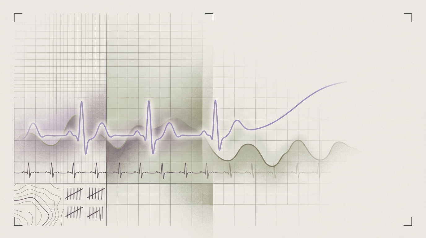 Abstract cream-and-slate line illustration on Kokorology paper, drawn for Regaining Control Under Sales Pressure: +28% HRV, 88% Sleep Efficiency
