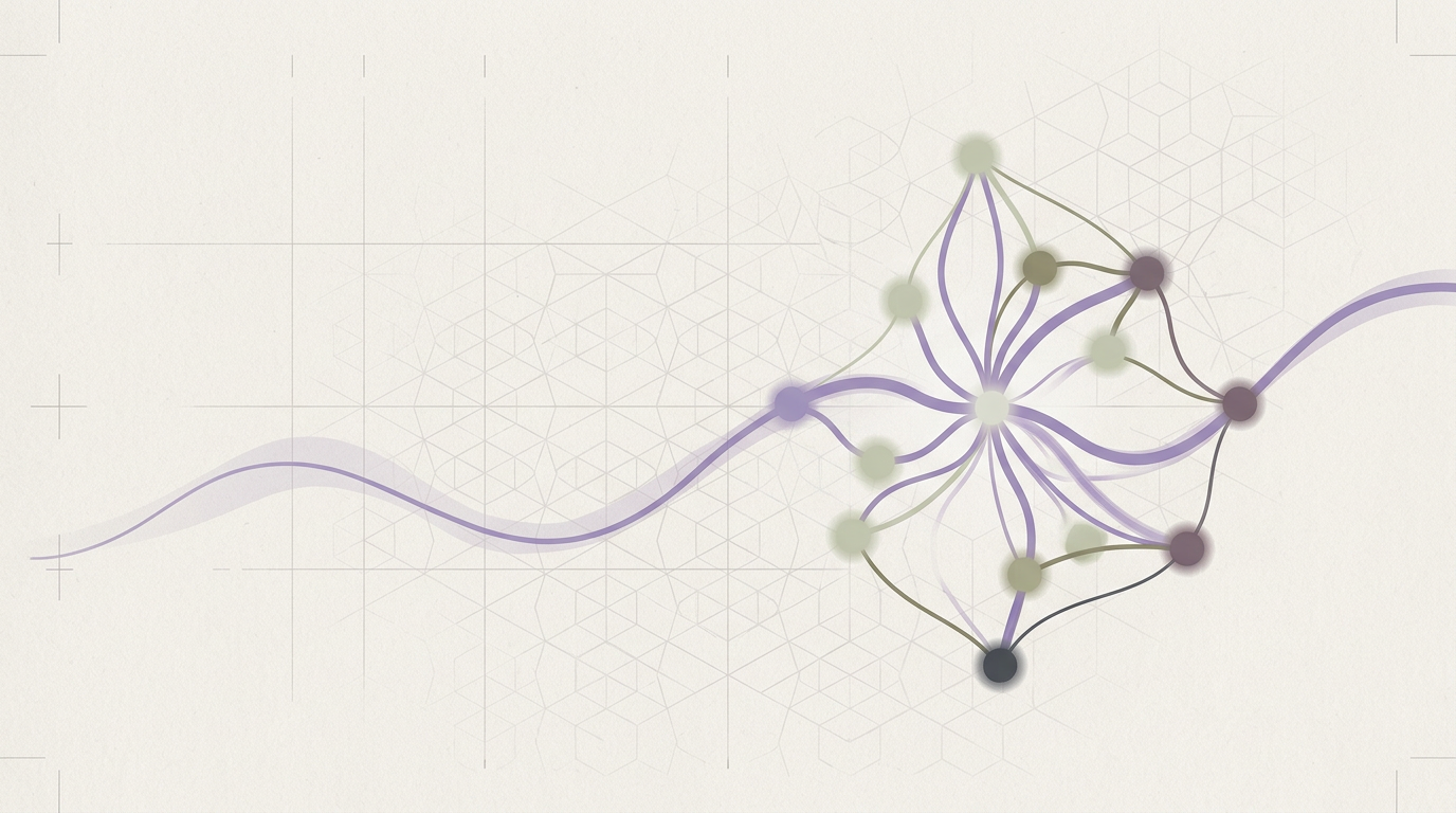Abstract cream-and-slate line illustration on Kokorology paper, drawn for Remote Leadership: From Static to Presence