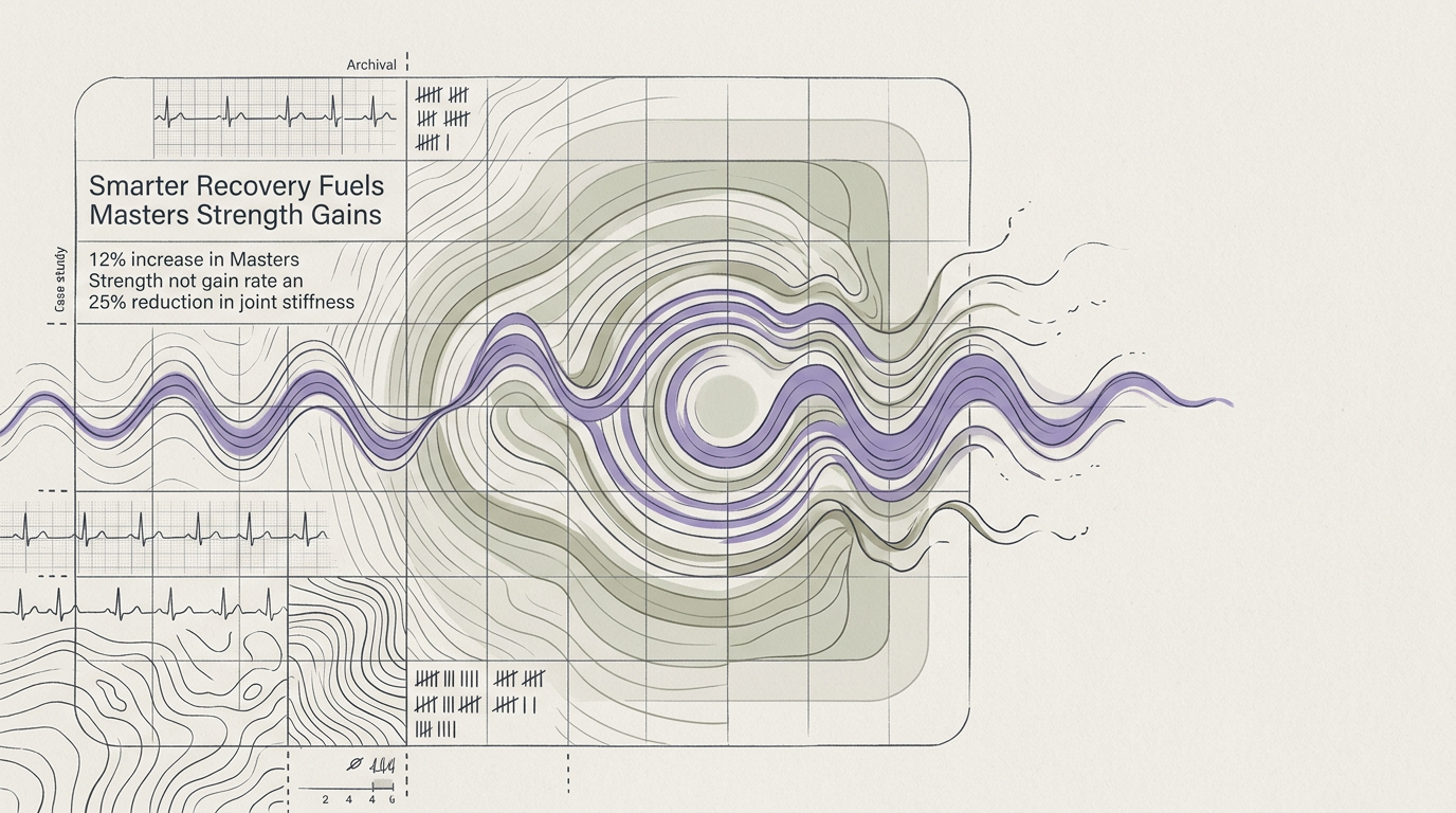 Abstract cream-and-slate line illustration on Kokorology paper, drawn for Smarter Recovery Fuels Masters Strength Gains