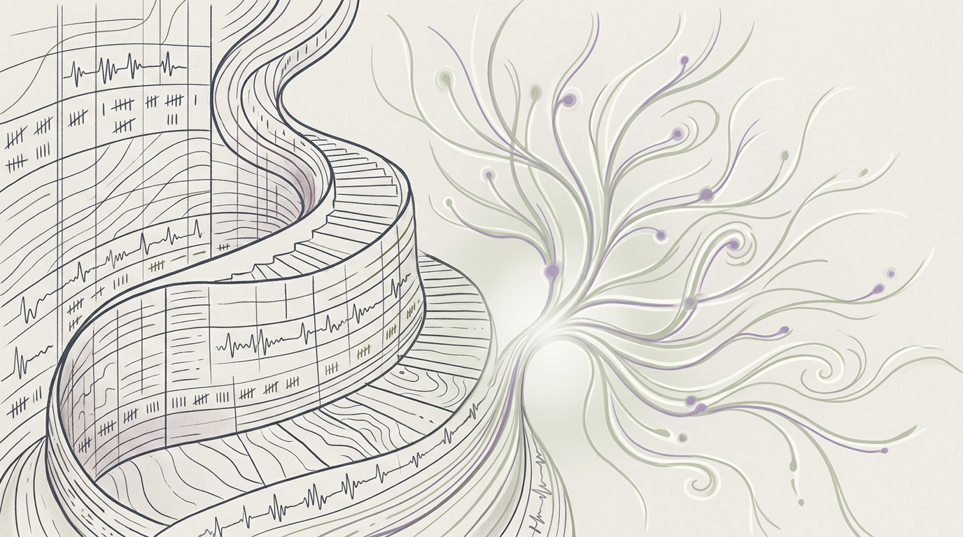 Abstract cream-and-slate line illustration on Kokorology paper, drawn for Sydney Senior PM Reclaims Capacity: A Burnout Recovery Story