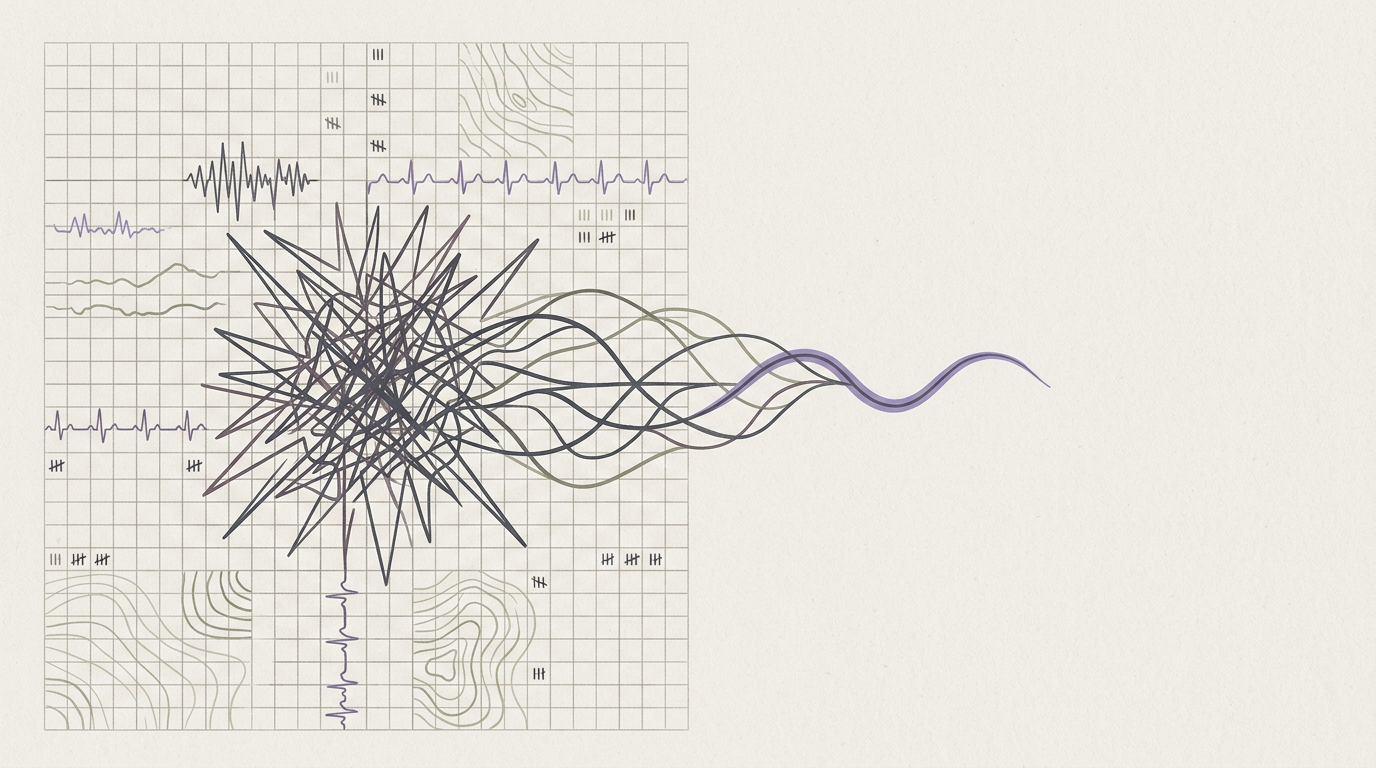Abstract cream-and-slate line illustration on Kokorology paper, drawn for Taming Founder Stress: A San Francisco Story