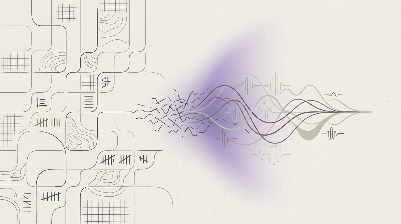 Abstract cream-and-slate line illustration on Kokorology paper, drawn for Taming GLP-1 side effects: less static, more ease