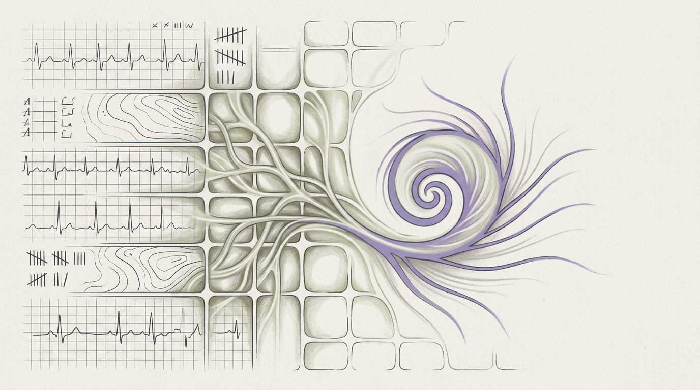 Abstract cream-and-slate line illustration on Kokorology paper, drawn for Taming Sales Pressure: From Tired-but-Wired to Deal-Closer